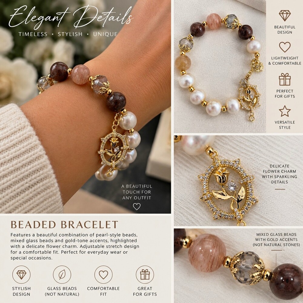 Adjustable Beaded Charm Bracelet Round Clear Glass Beads Flower Dangle, Gold